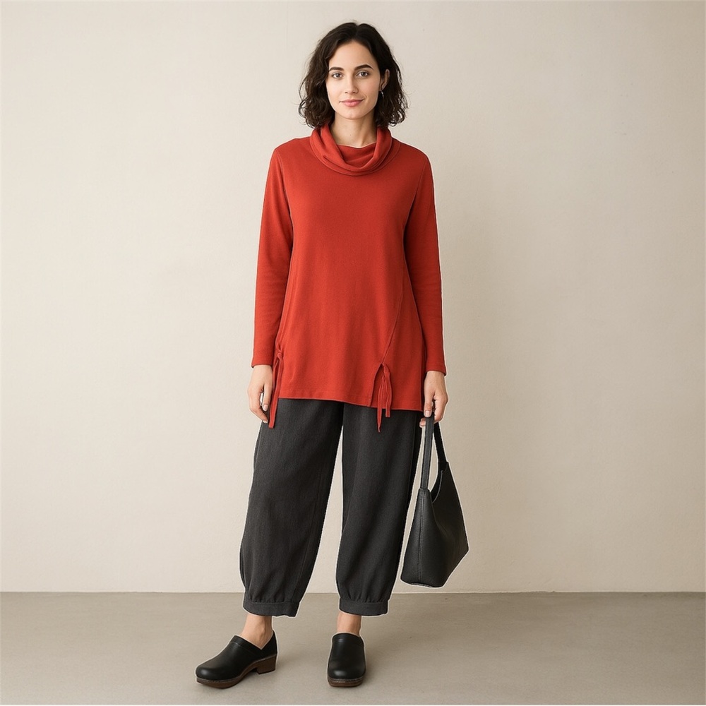Habitat Tunic Top Medium Paprika Orange Cowl Neck Cotton Lagenlook Artsy Boho